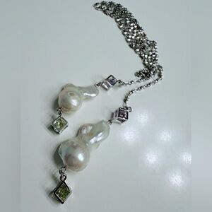 Elegant Baroque Pearl & Peridot Drop Necklace - Silver Tone